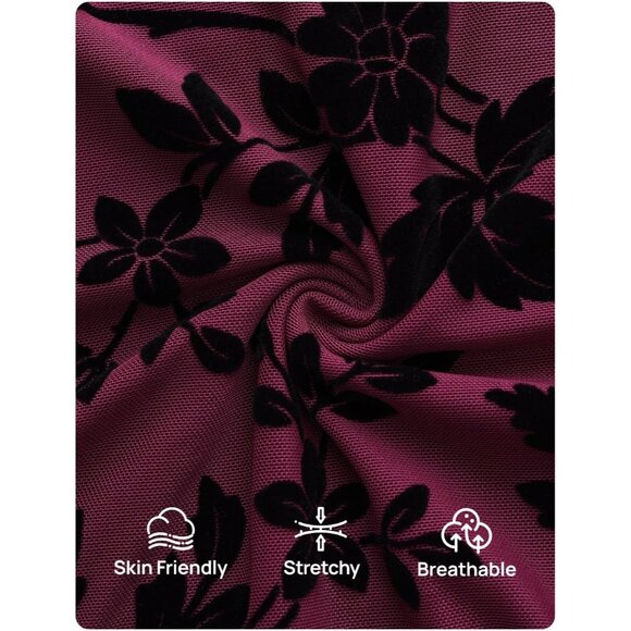 Zesica Women's LMauve Ruched Mesh Long Sleeve Floral Bodycon Cocktail Dress - Picture 6 of 6